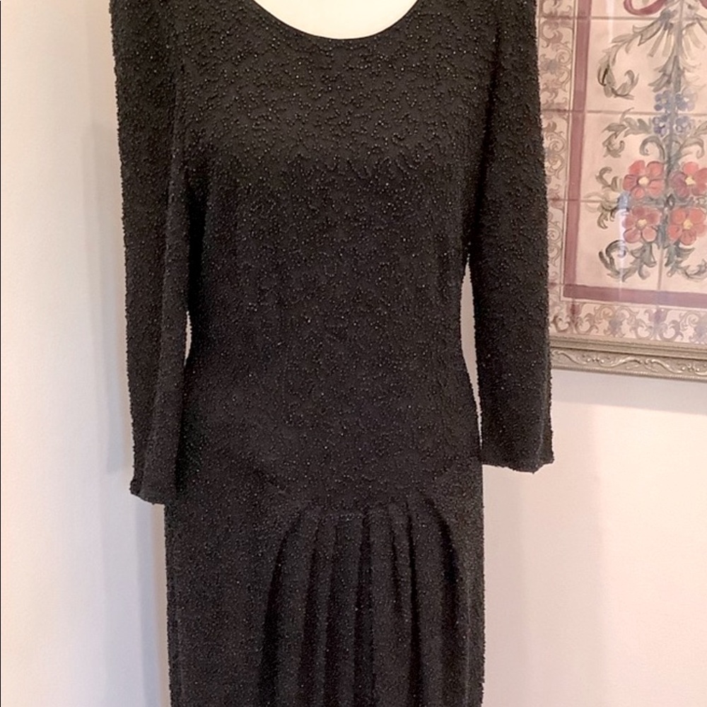 Carmen marc Valvo black beaded dress Size 10. Long Sleeve. Stunning